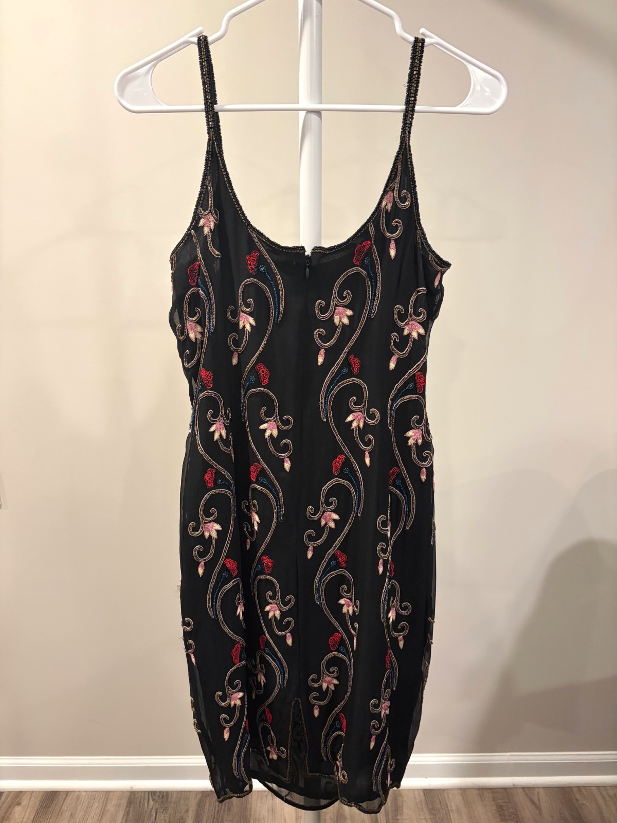 Vintage 90s Papell Boutique Silk Beaded Dress Black Floral Whimsigoth Gown 8