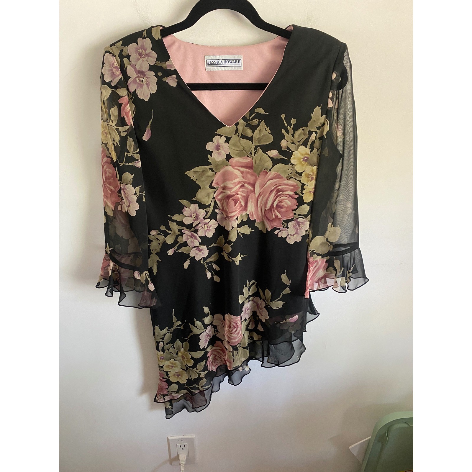 Jessica Howard Womens Floral Chiffon 2 Piece Skirt Set Black Pink Rose Maxi Top