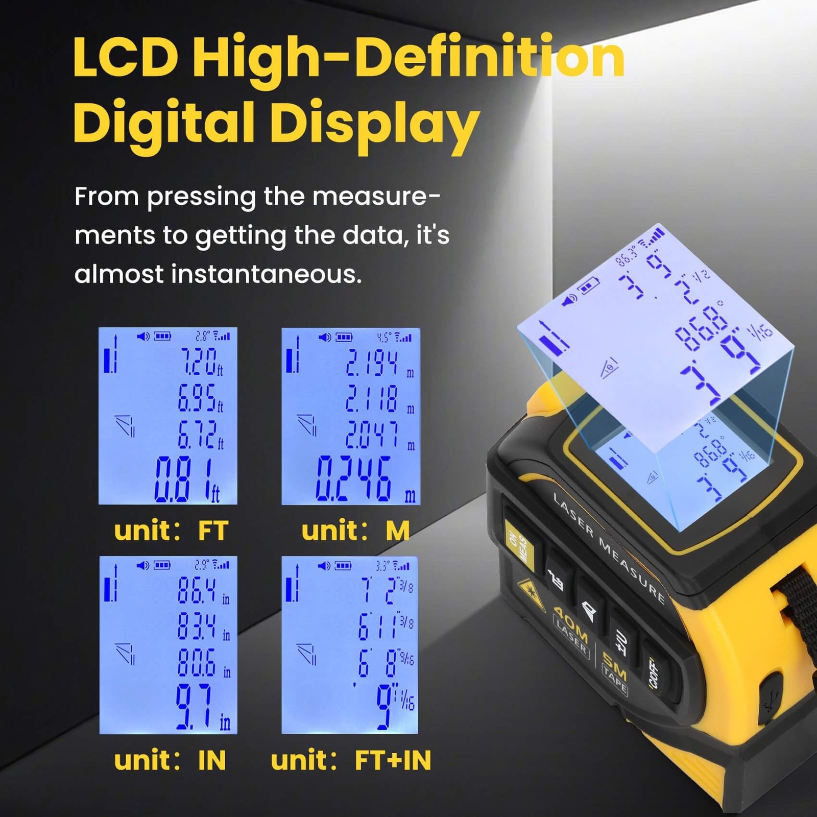 Edovaf 4-in-1 Laser Tape Measure 16FT AutoLock 130FT Laser Level Crosshairs LCD