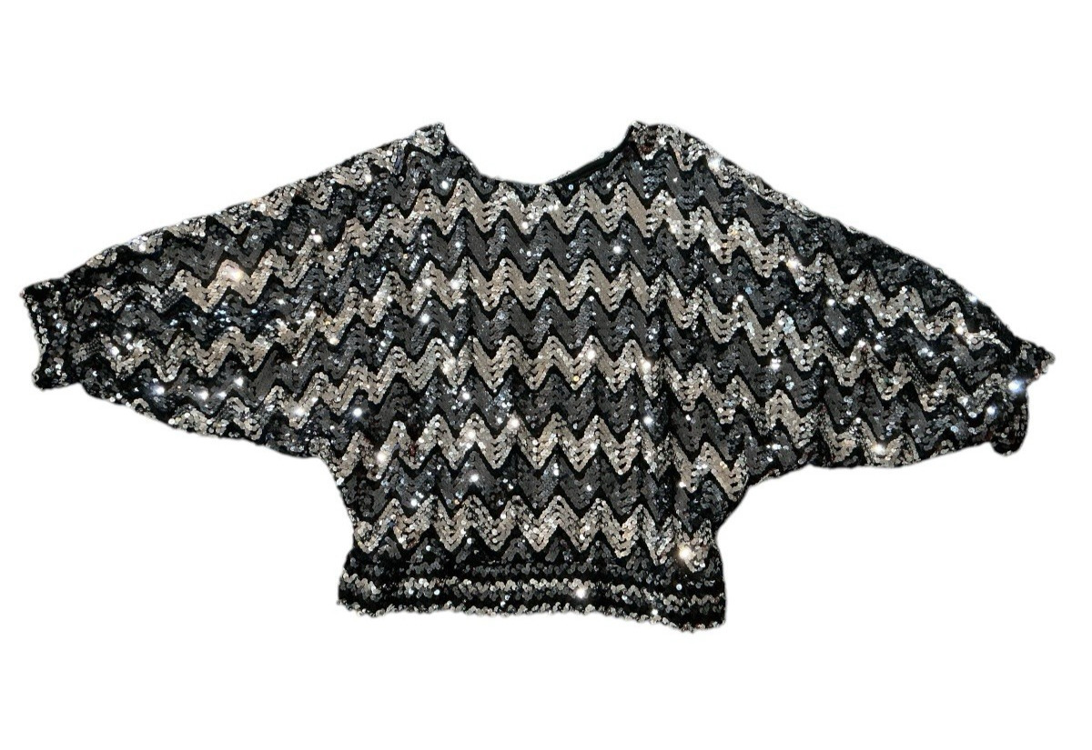 Vintage 80s Sequin Batwing Top Black Silver Chevron Dolman Sleeve Party Blouse