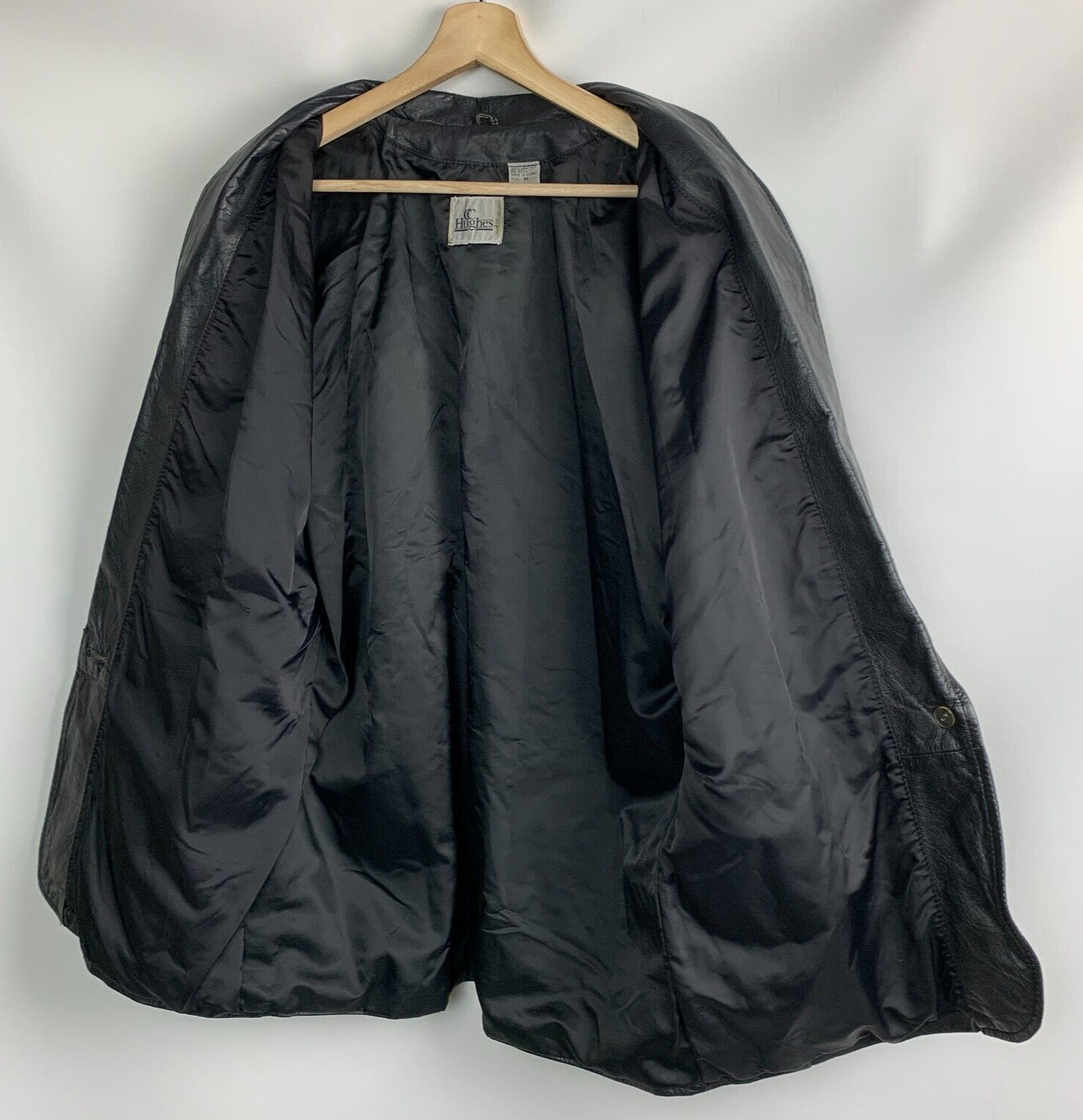 CC Hughes Vintage Jacket Black Leather Collared 1-Button Pockets Lined Size M