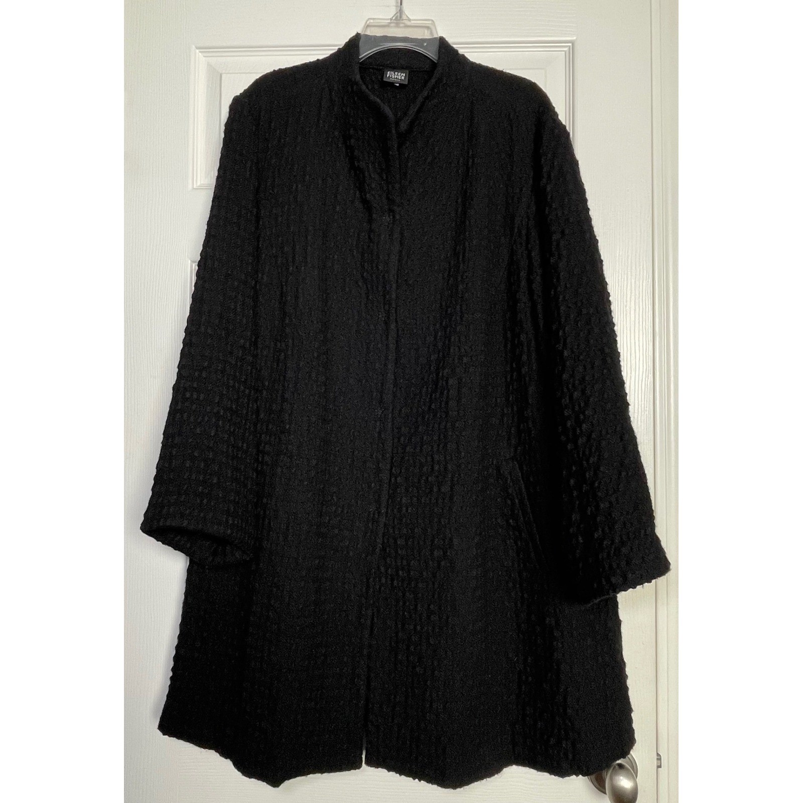 Eileen Fisher Vintage Black Textured Wool Blend Mock Neck Button Coat Fits L/XL