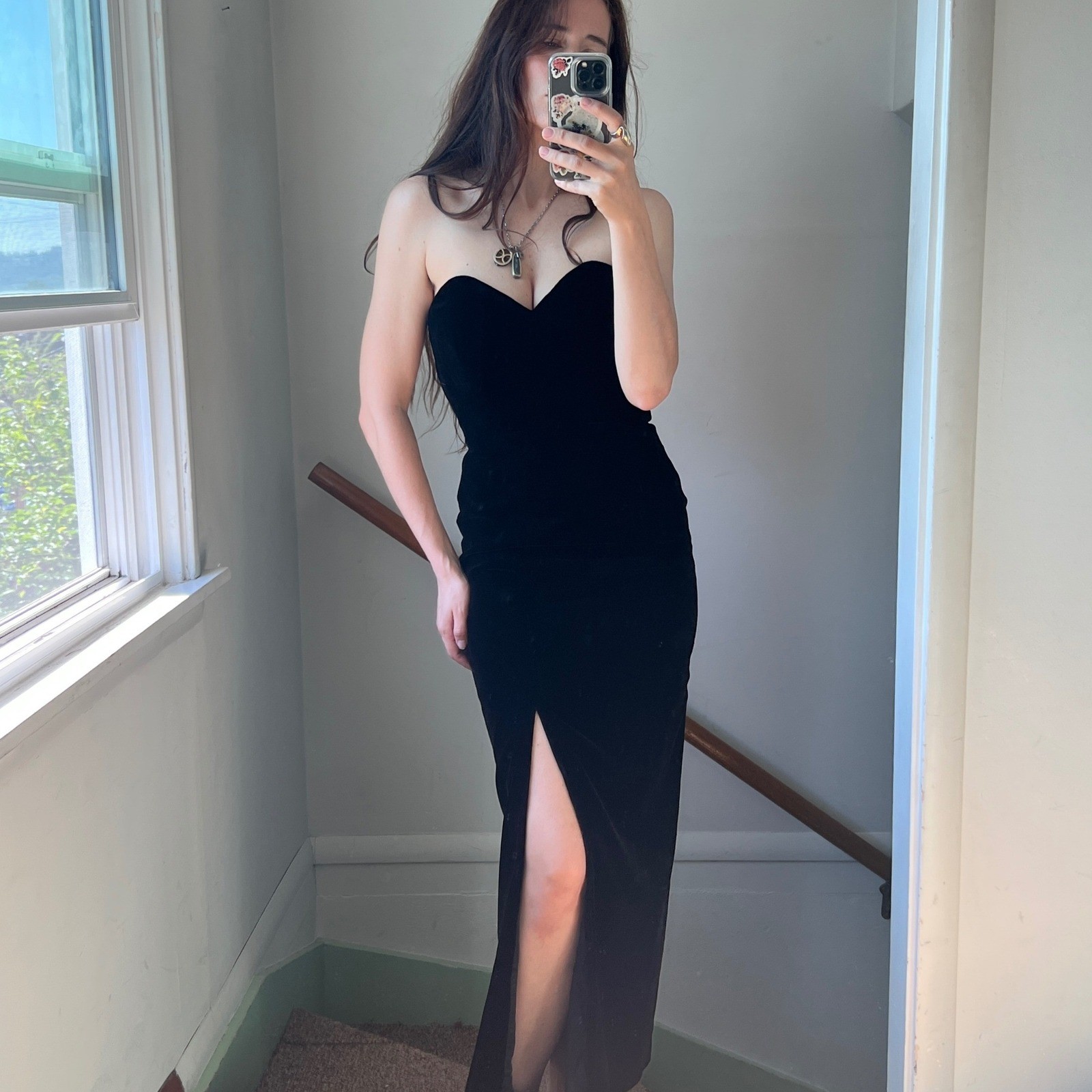 Vintage A.J. Bari Velvet Strapless Maxi Dress Black Sweetheart Slit Gown Formal