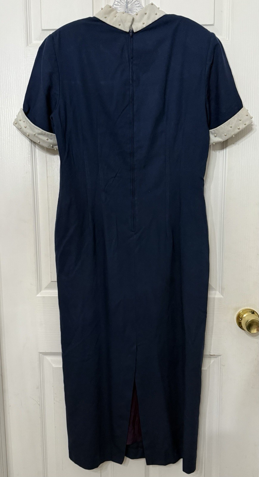 VTG Misty Lane Retro Collar Dress Sz 11/12 Beaded Faux Pearls 80s Blue & White