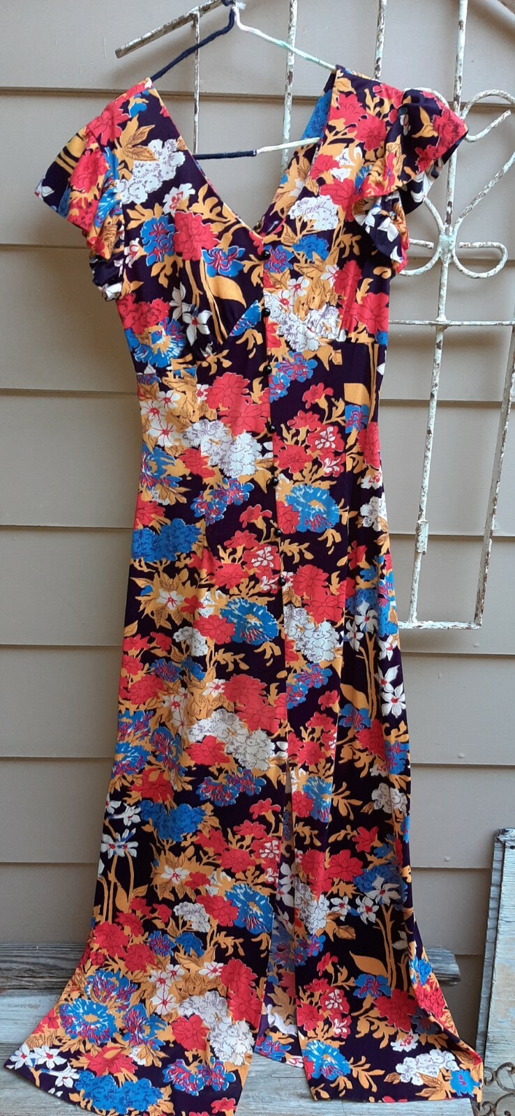 Vintage 70s Womens Dress Maxi Vibrant Florals On Black By Liberty Square S/ M