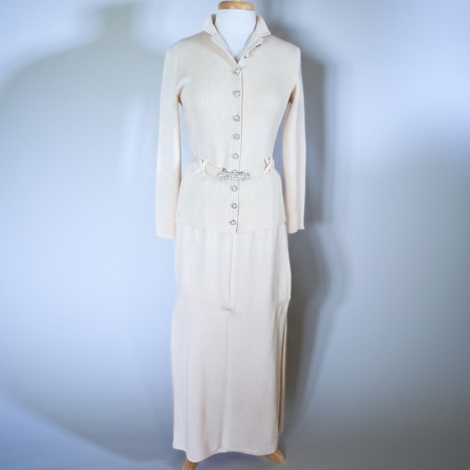 Vintage 80s St John Knits Lillie Rubin Cream Rhinestone Maxi Dress Set