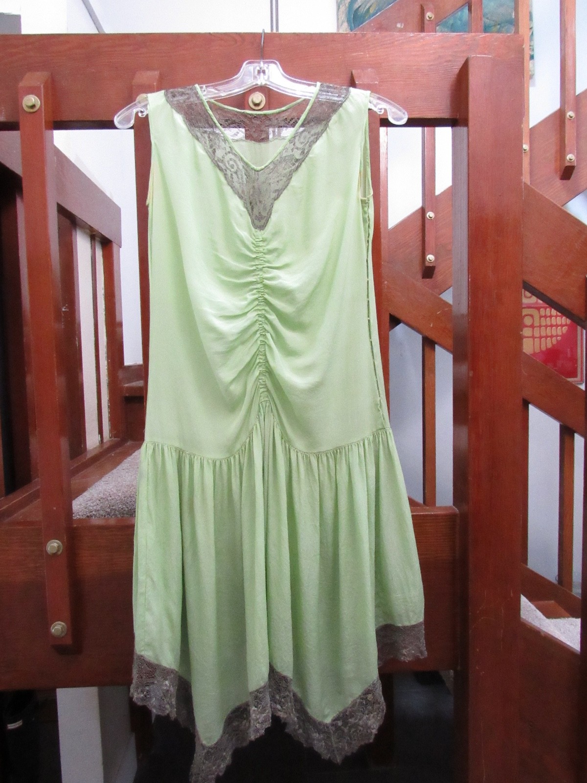 ROMANTIC 20s 30s SILK FLAPPER lace green Art Deco Dress fairy VTG whimsigoth S