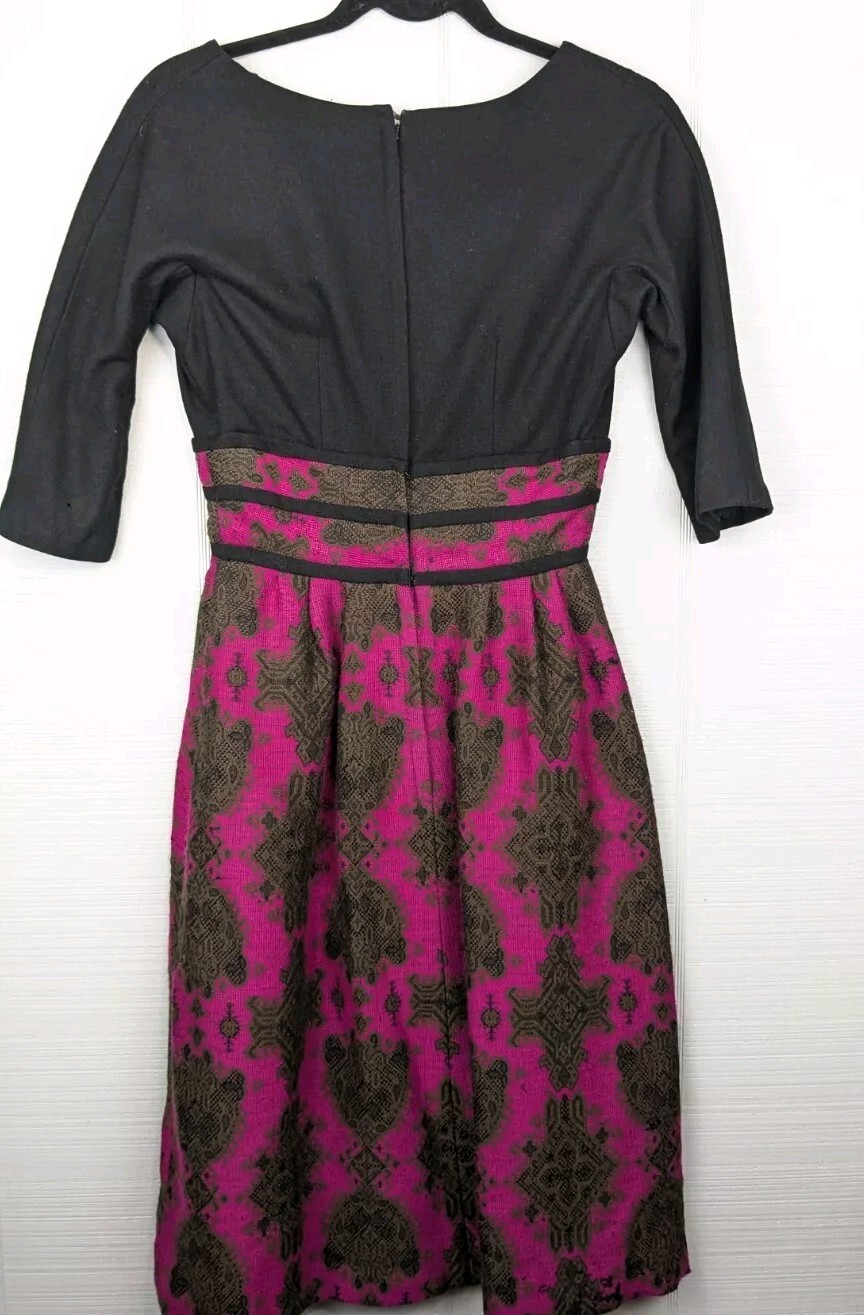 Miss Elliete Vintage Dress Fit and Flare 60s Black Pink Surplice Neckline Flaw