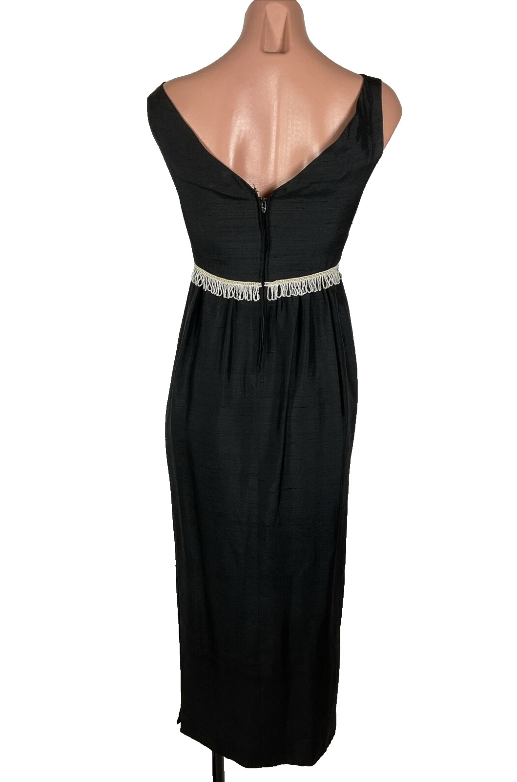 Vintage 60s Cocktail Party Sheath Dress BEADED FRINGE Little Black Dress XS/S
