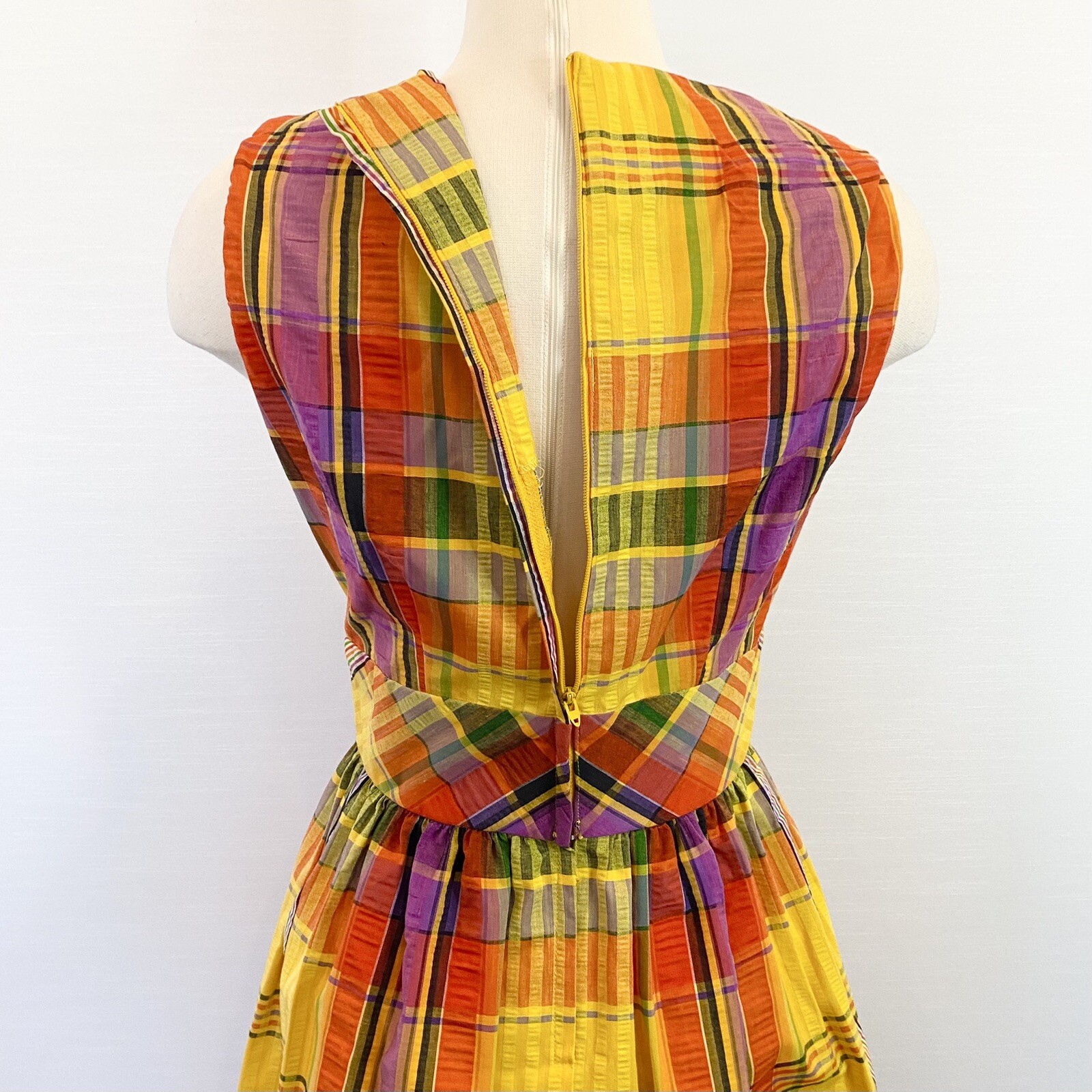 Vintage SWIRL Concept 70s Yellow Orange Madras Plaid Maxi Gown Long Column Dress