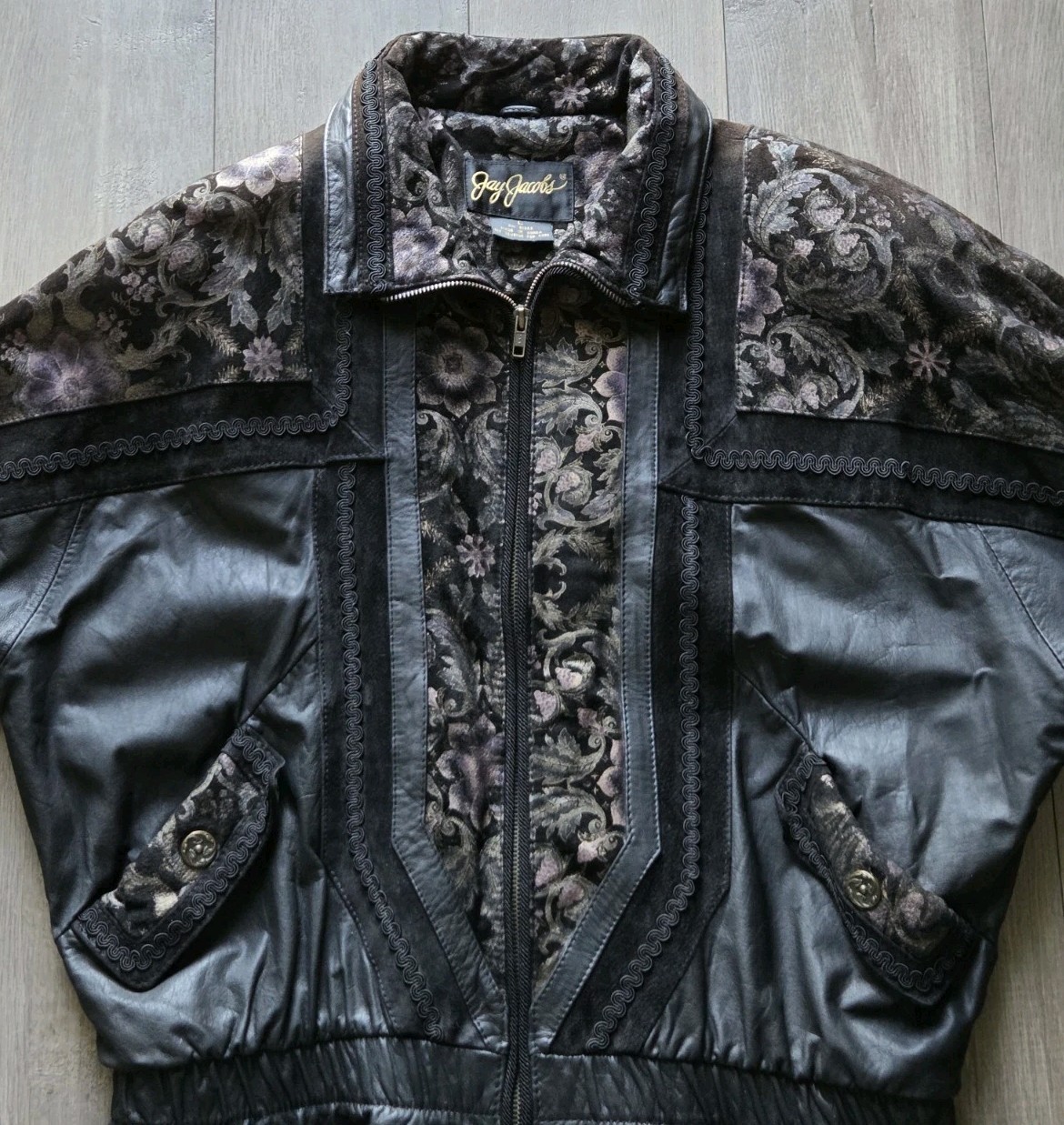 Vtg 80s 90s Jay Jacobs Leather Tapestry Floral Paisley Bomber Jacket Large