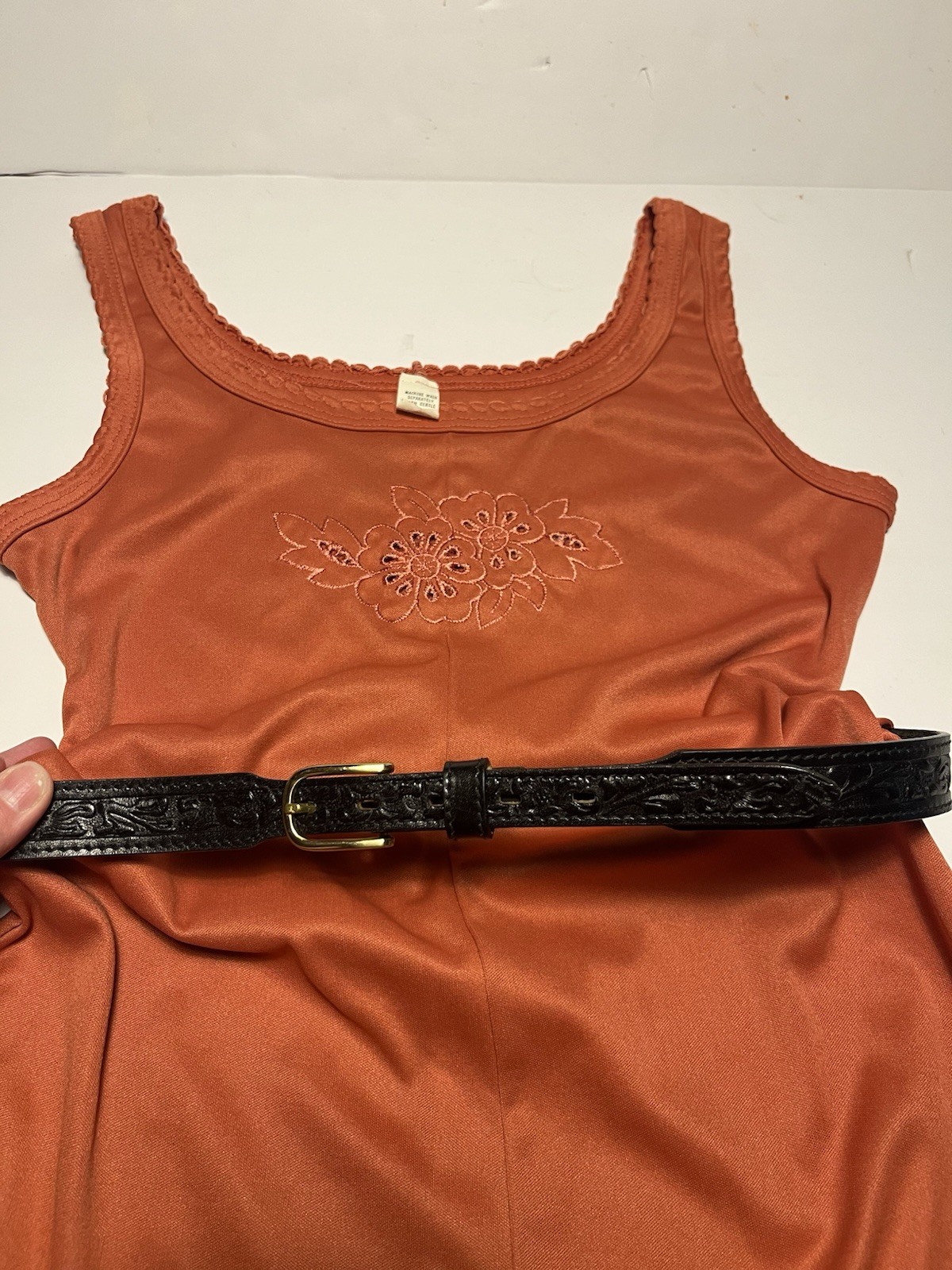 Vintage 60s 70s Size S/M Polyester Orange Dress Leather Belt