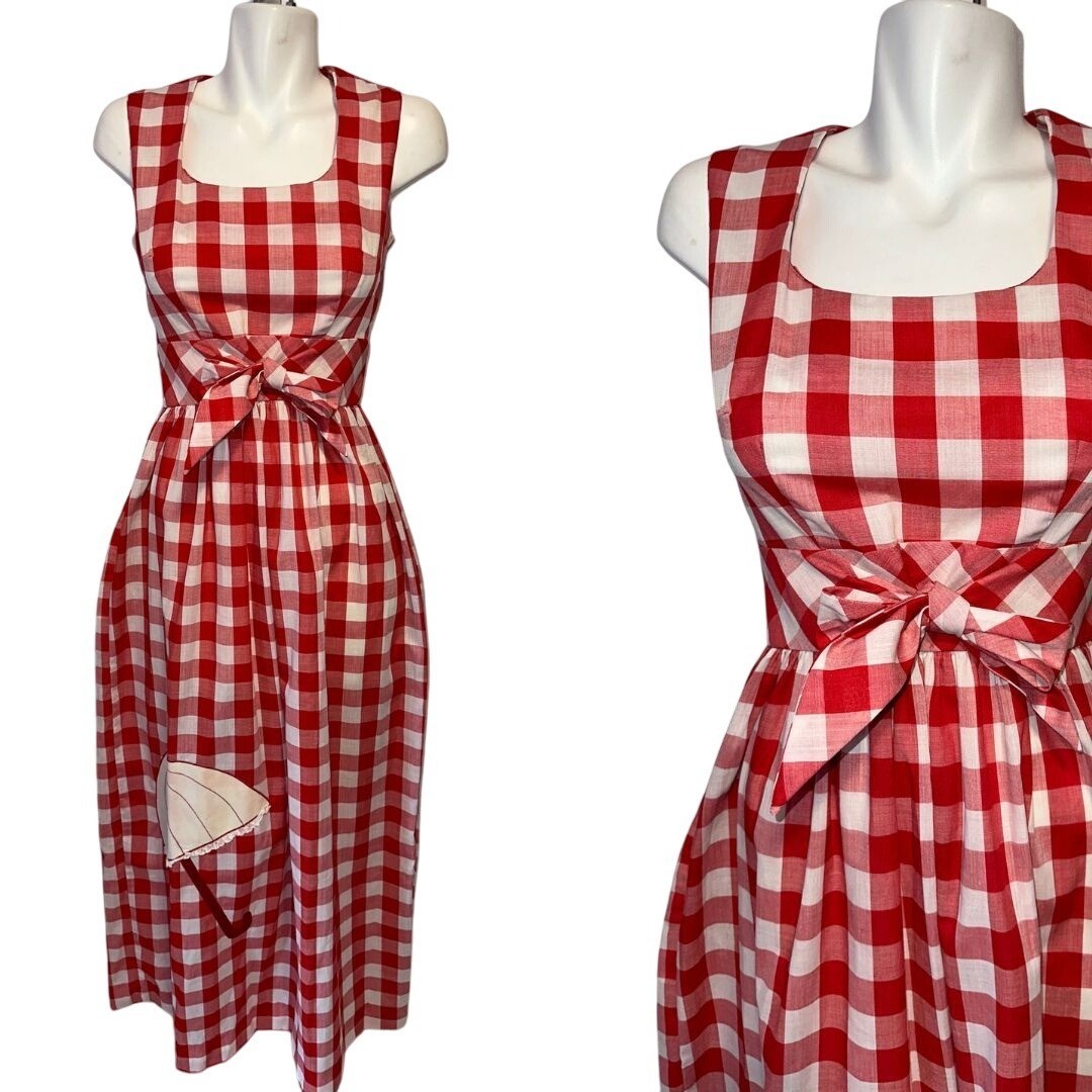 Vintage 70s Red Gingham Maxi Dress Concept Swirl Umbrella Applique Picnic 10