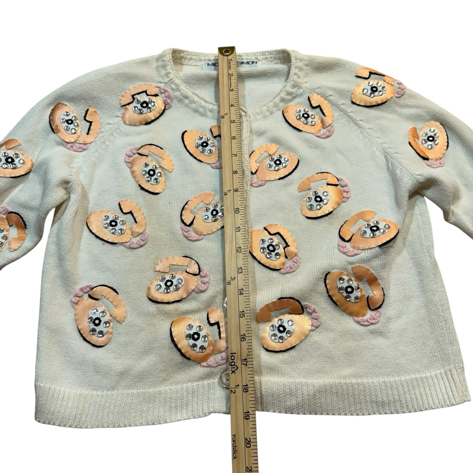 Vintage Michael Simon Sweater Women’s Small Telephone Applique Beaded Knit