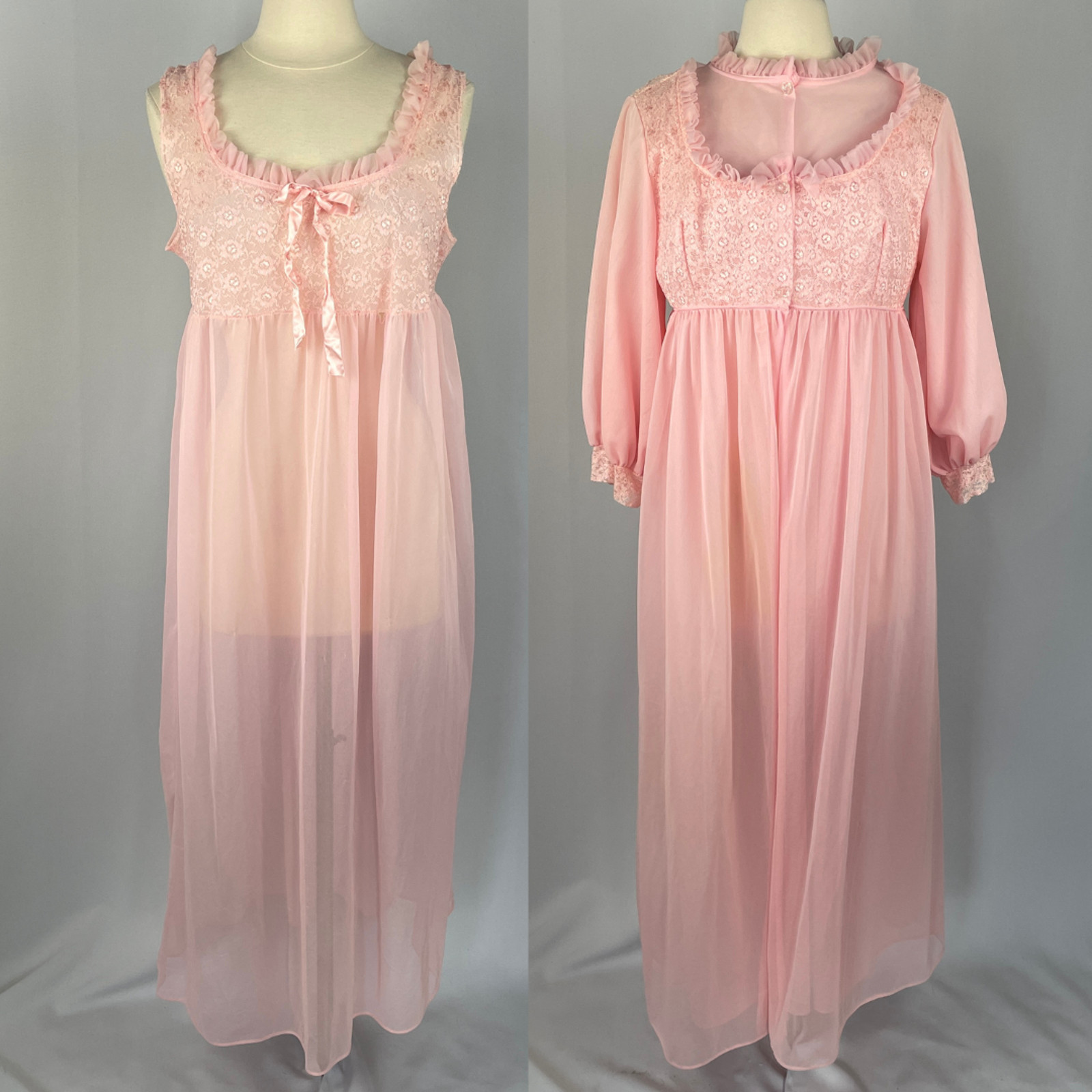 Vintage 70s Peignoir Set Large Pink Sheer Chiffon Lace Lingerie Babydoll 2 Piece