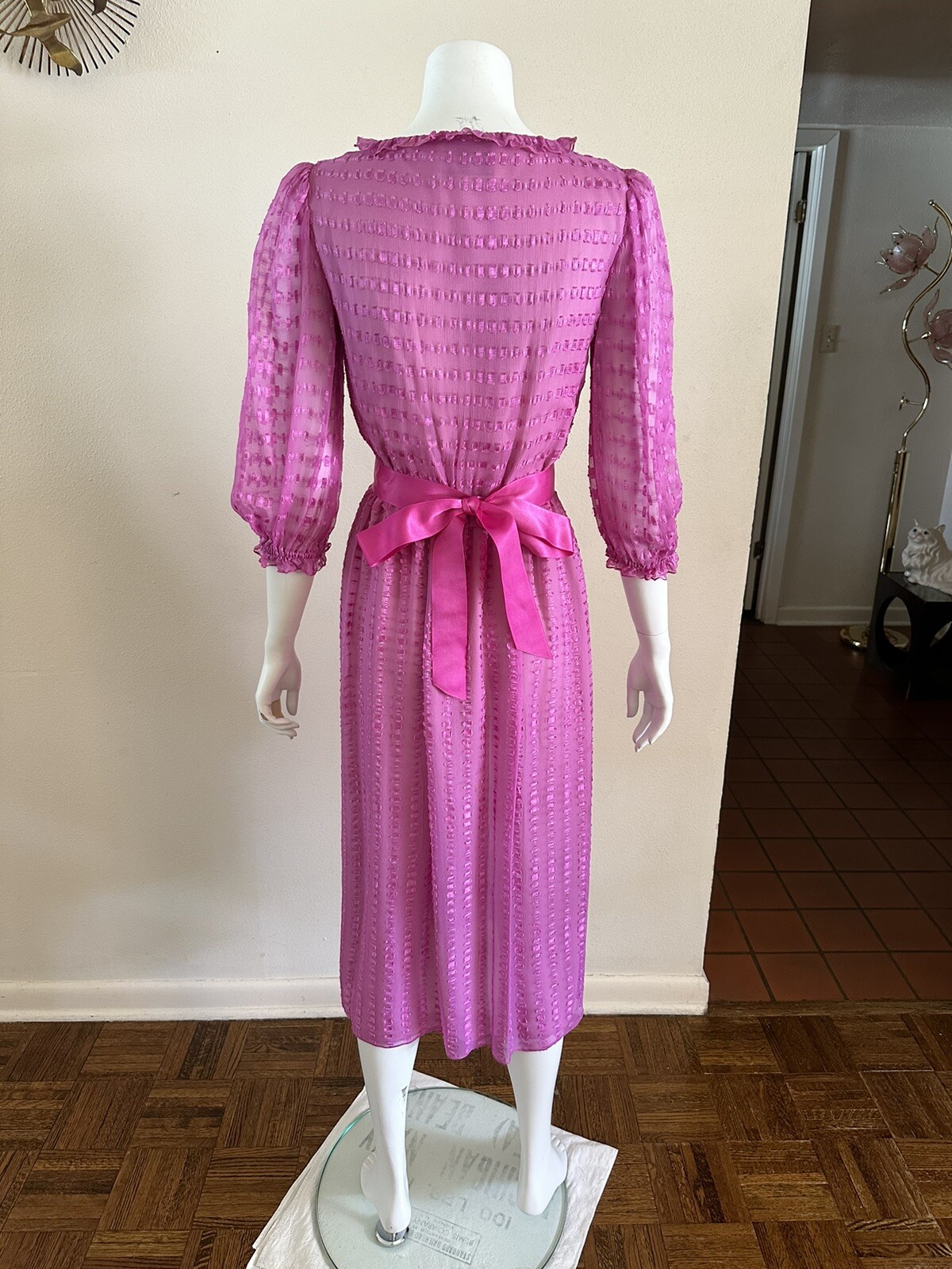 1980s Neiman Marcus Pink Sheer Ruffle Wrap Dress Ribbon Belt Petite Vintage