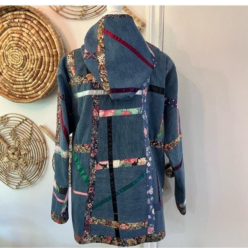 Vintage Patchwork Quilted Jacket Hooded Boho Oversized Denim Coat L XL