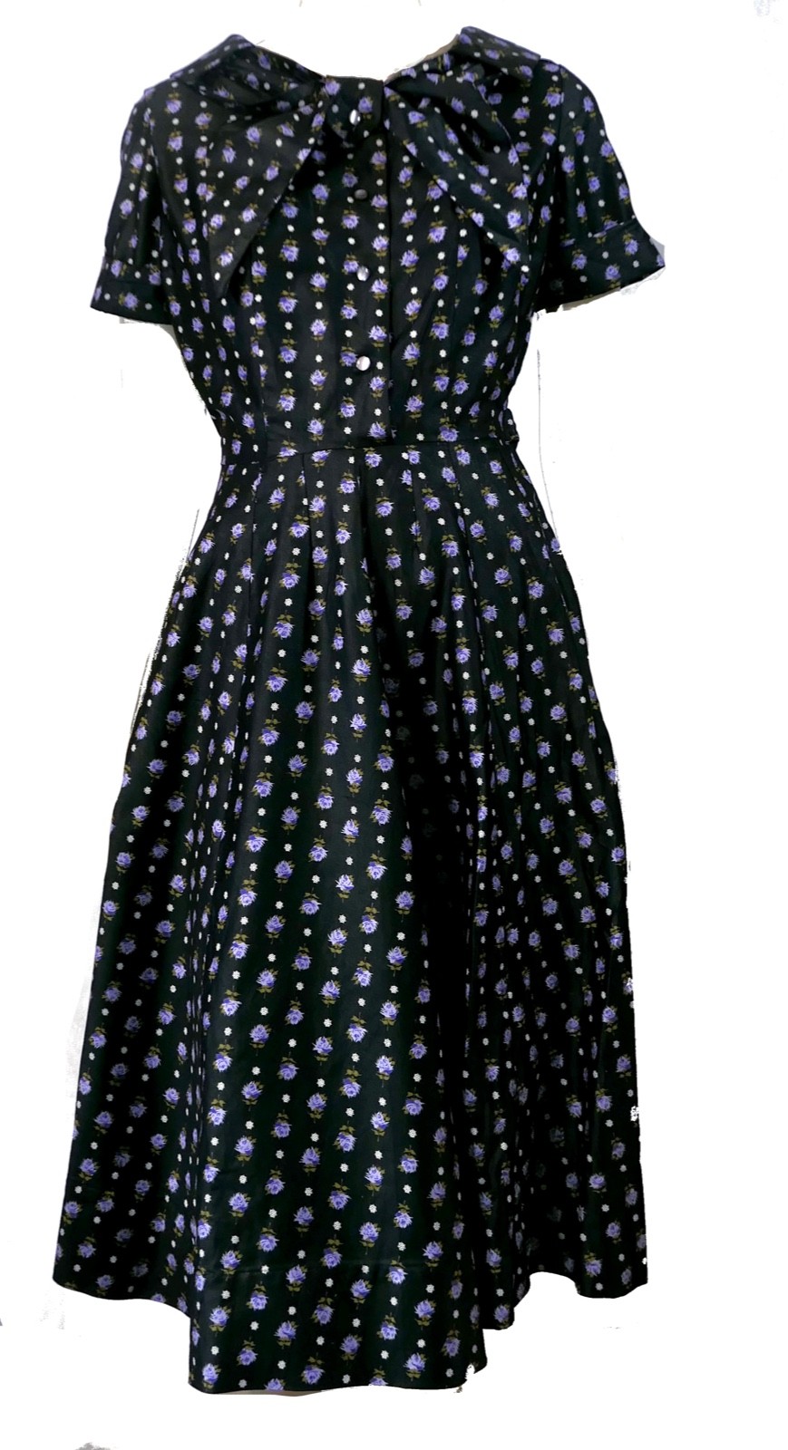 Vintage 50s Rockabilly Handmade Black Lavender Cotton Ascot Dress A Line Full M