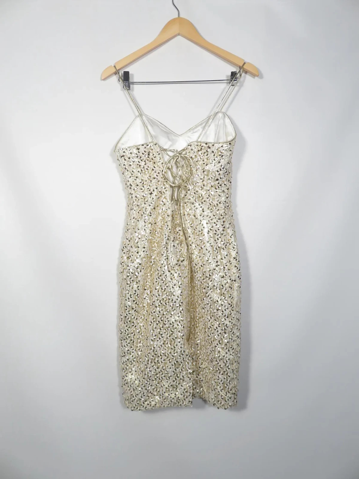 Vintage White And Gold Sequin Cache Lace Up Back Spaghetti Strap Dress Size S