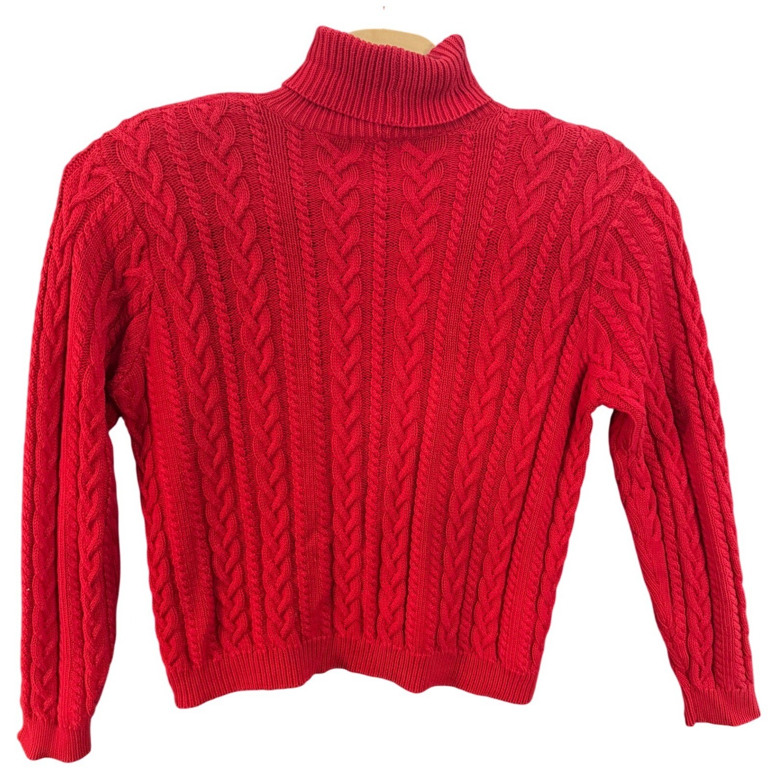 Wainscott Red Cable Knit Turtleneck Sweater 100% Cotton Large Women Vintage