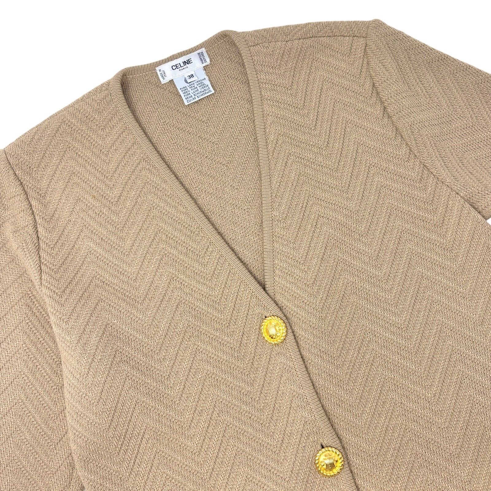 CELINE Vintage Macadam Logo Rib Knit Cardigan #38 Button Light Brown Gold Wool