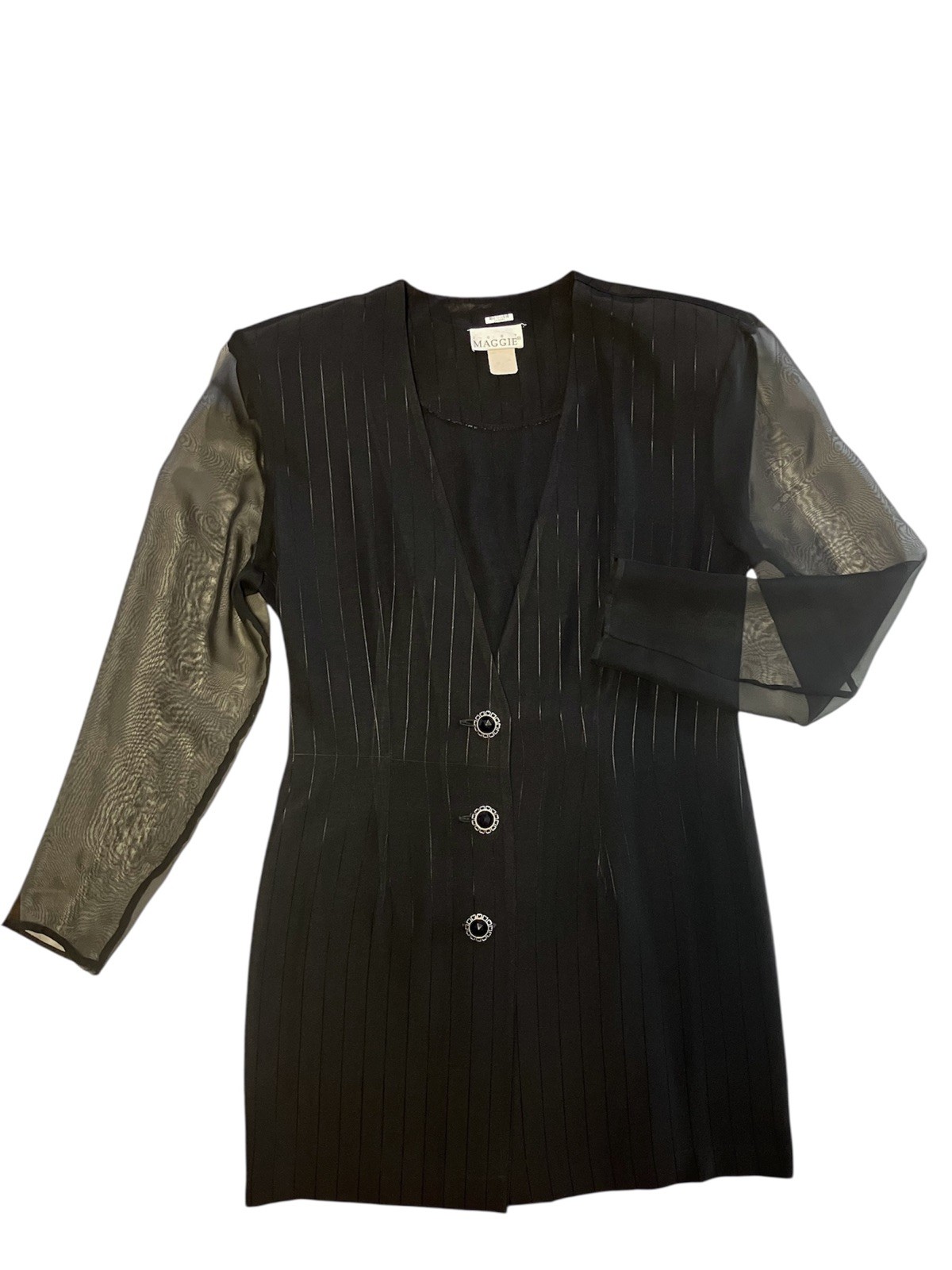 Vintage 80s Just Maggie Sheer Sleeve Black Pinstripe Power Blazer Jacket 7/8