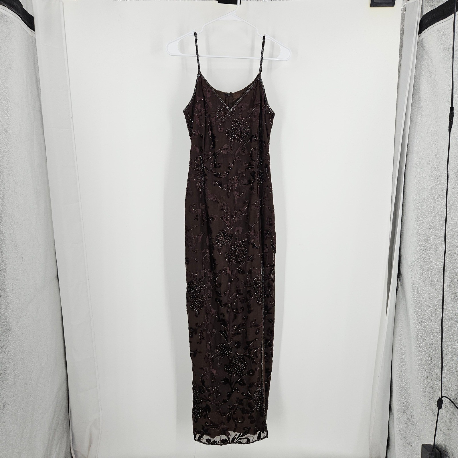 Vintage y2k Velvet Burnout Beaded Maxi Dress Floral Mesh Whimsigoth Goth 90s M