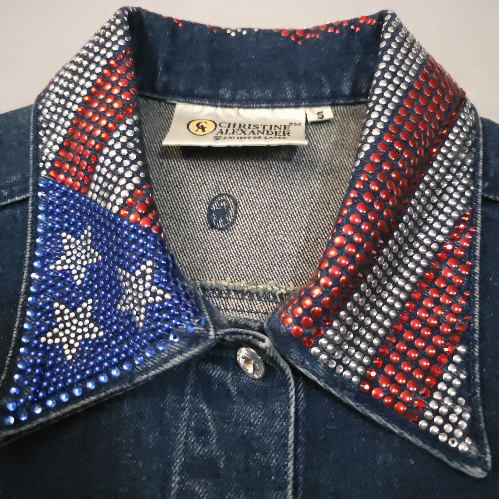 Vintage 90s Heritage Denim Rhinestone American Flag Jacket Christine Alexander S