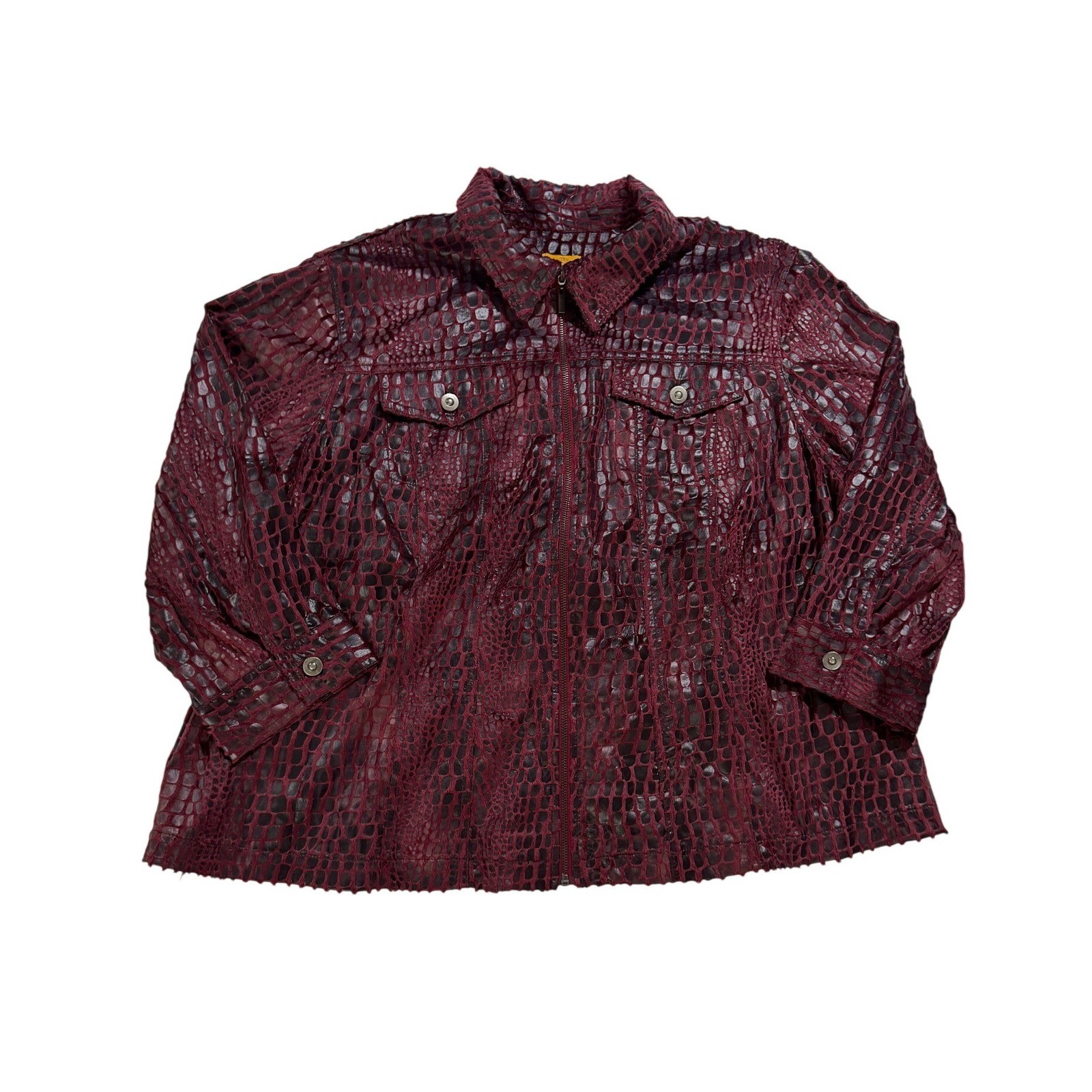 Vintage Y2K Ruby Rd Woman 22W Burgundy Croc Print Zip Front Jacket Plus Size
