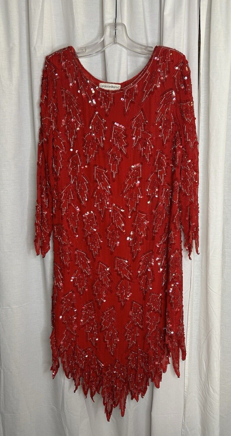 VTG Carolyne Barton Silk lined Gown W/Beads &Bling Red Holiday Party M