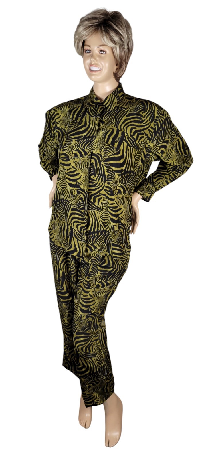 Vintage Ann May 100% Silk Zebra Green & Black Animal Blouse & Pant Suit Set 8