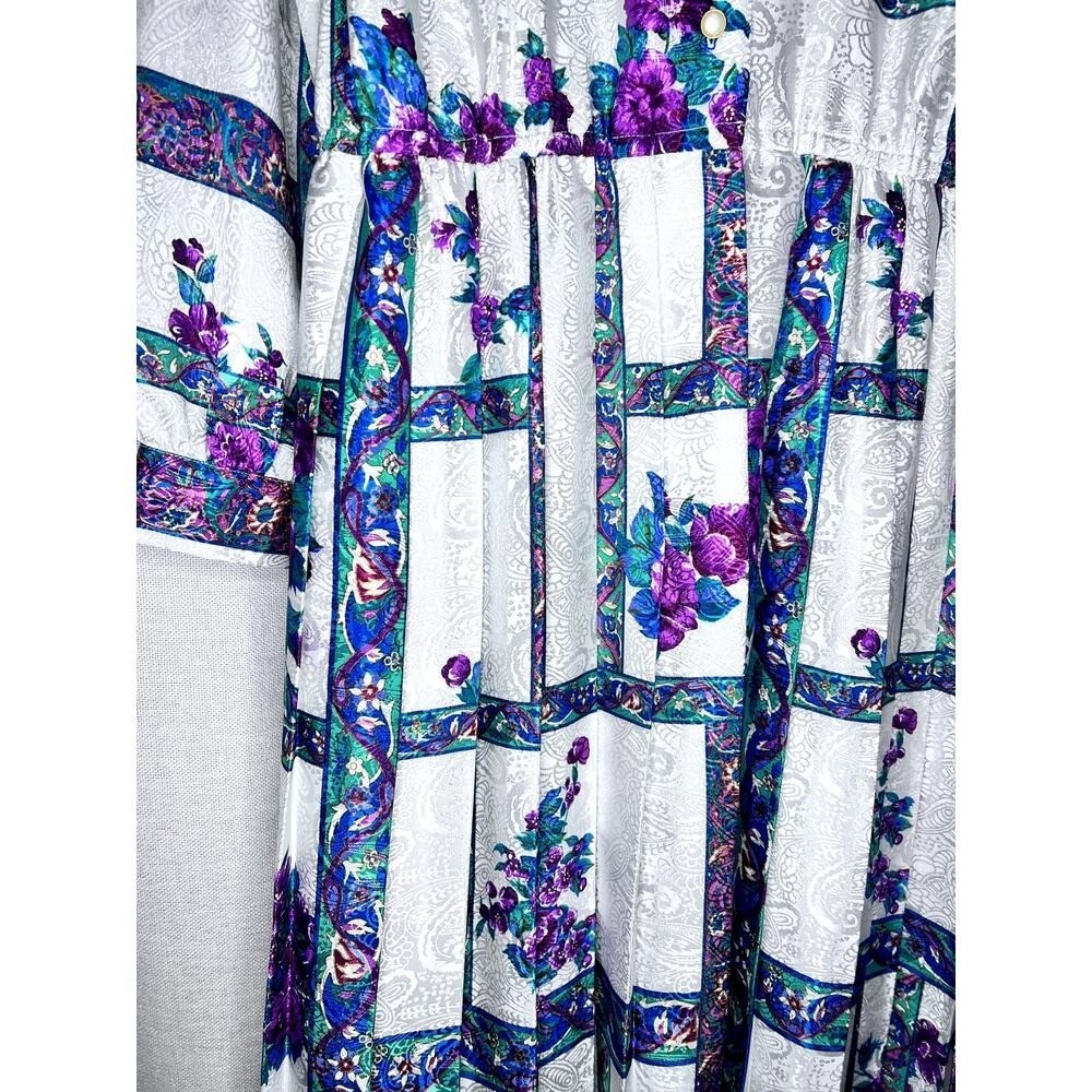 Vintage 80s Schrader Silver Purple Floral Satin Long Sleeve Midi Dress