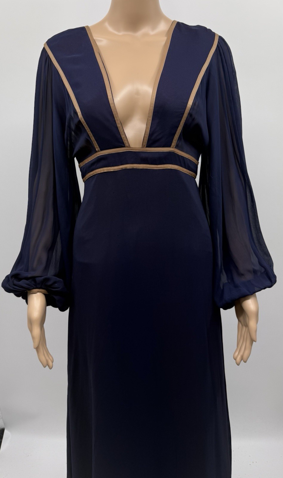 Janice Wainwright Vintage Empire Waist Blue Silk Gown 70s Edwardian SZ 12 *RARE*