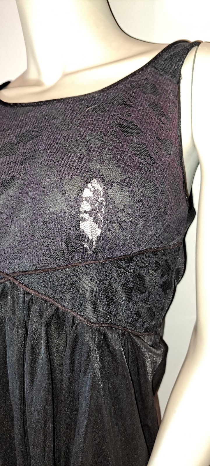 Vtg 60s Movie Star Black Floaty Waltz Nightgown Sml Peek A Boo Bust Lace S