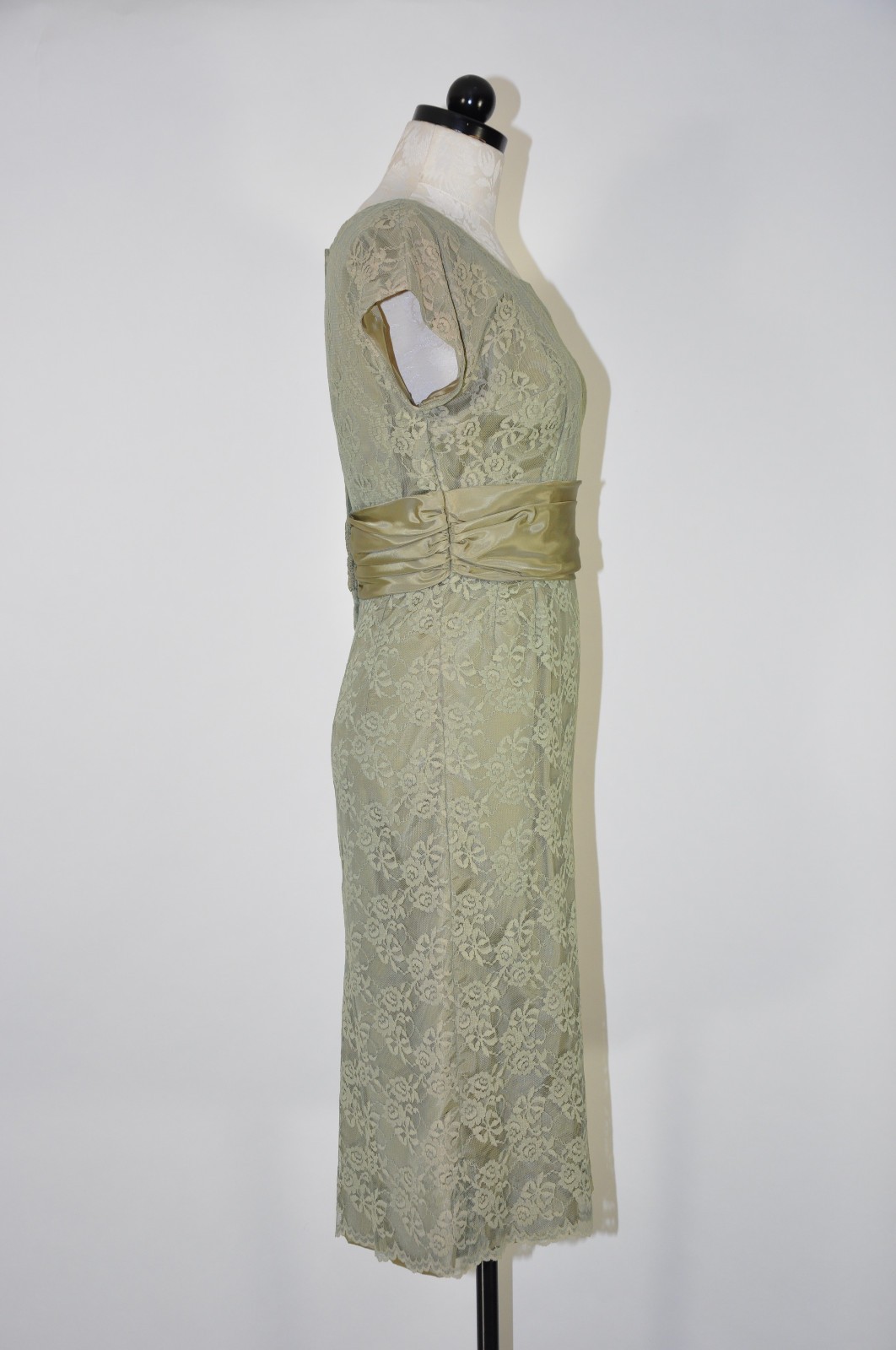 60s Vintage Sage Green Floral Lace Midi Sheath Wiggle Cocktail Dress Women XS S
