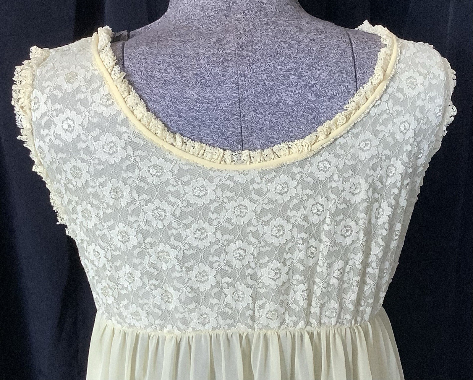 Vintage 1960’s Lemon Yellow Nylon Nightgown Empire Waist Lace Bodice Trim Sheer