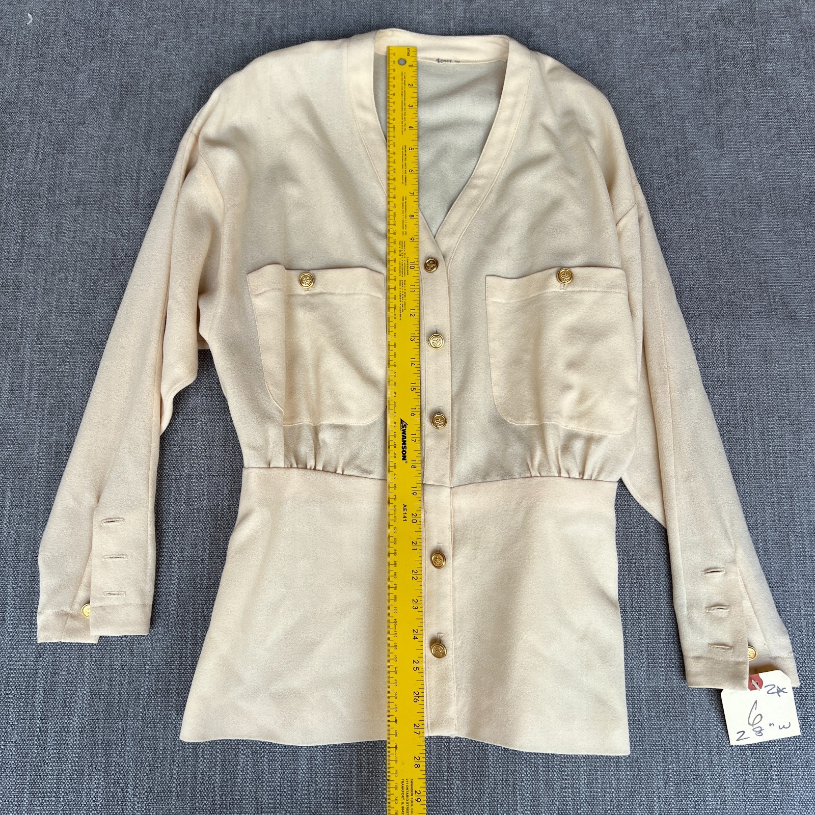 Vtg 80s Cream Military Blouse Jacket L Peplum Cinched Waist Gold Lion Button