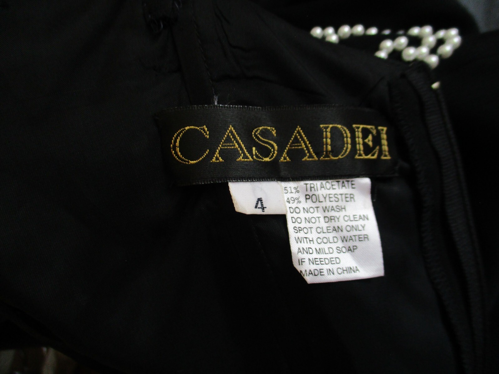 Vintage Casadei Cocktail Dress XS Women Black Tri/Poly White Pearl Beads