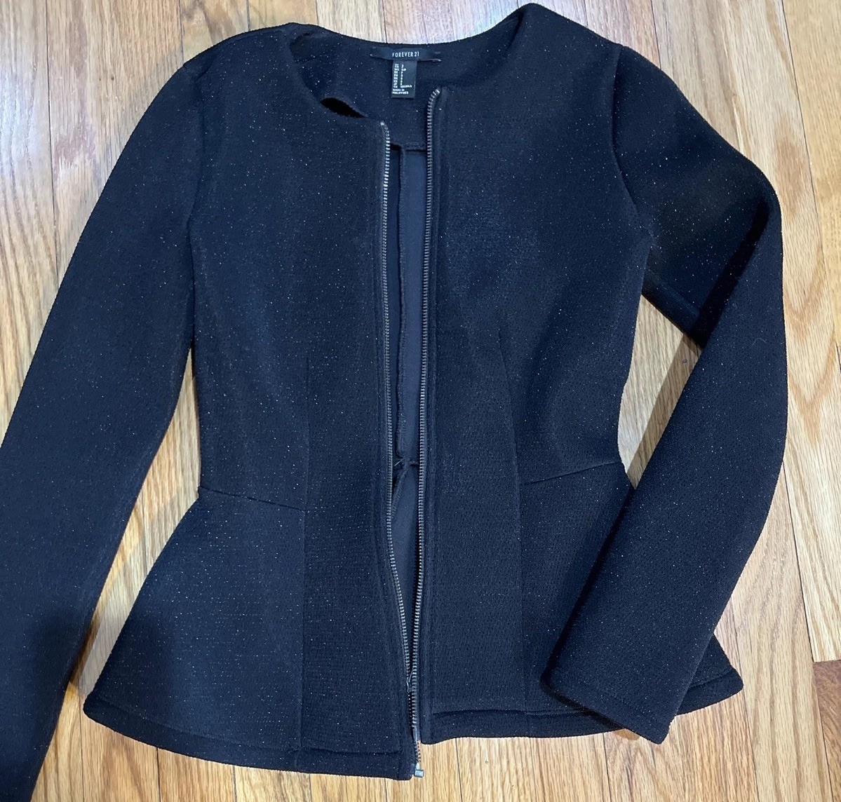 FOREVER 21 Dressy PEPLUM Hem SCUBA Jacket, ZIP Front Black/Silver Sparkle SZ S