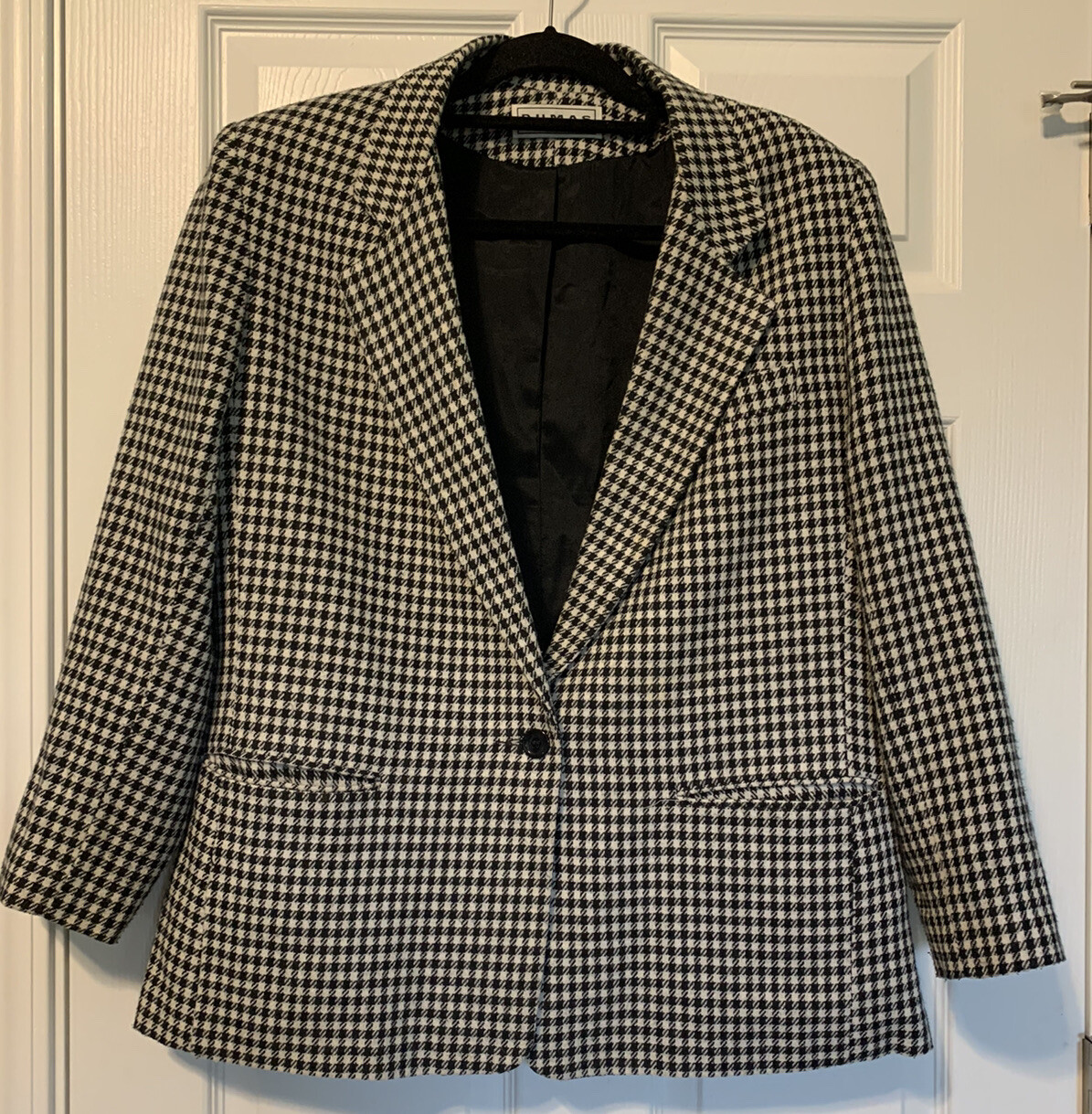 Vintage Boxy Houndstooth Lined Wool Blend Blazer Single Button Shoulder Pads