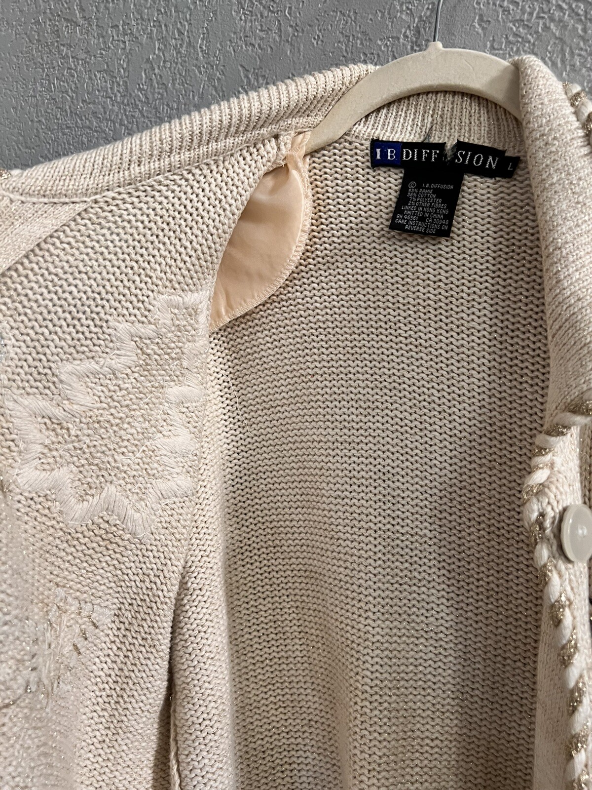 Vintage IB Diffusion Cream Gold Embroidered Bead Sweater Holiday Cardigan – LG