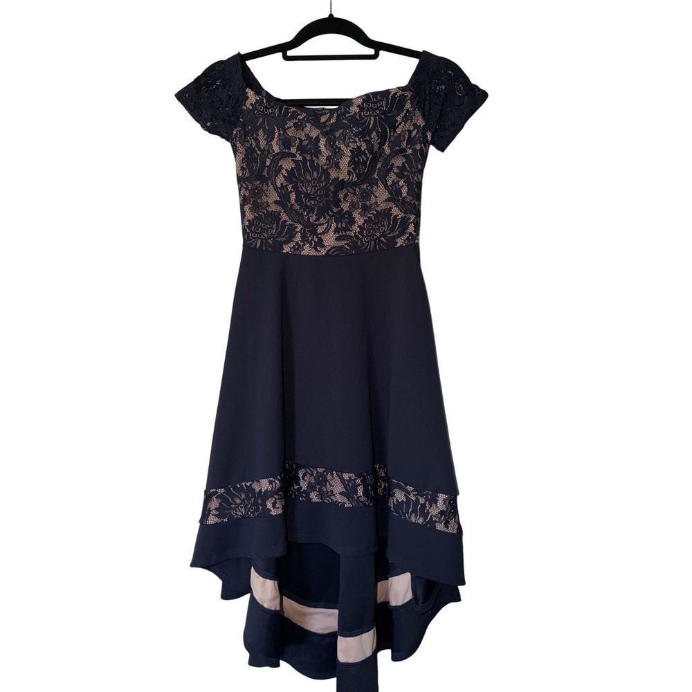 Jodi Kristopher Vintage Navy Floral Lace Off-the-Shoulder High-Low Dress 1