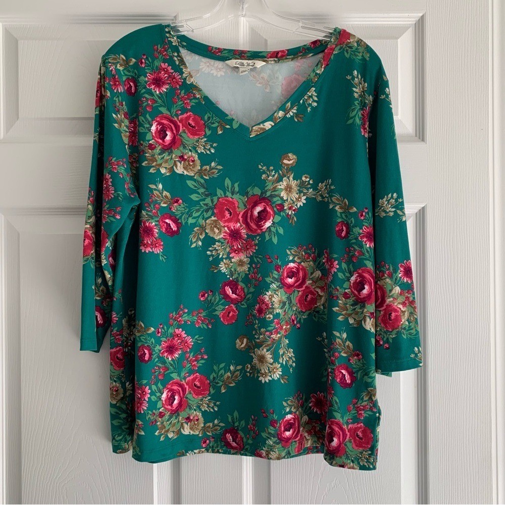 The Pioneer Woman Green Floral V-Neck Long Sleeve Top Large Stretch Lightweight