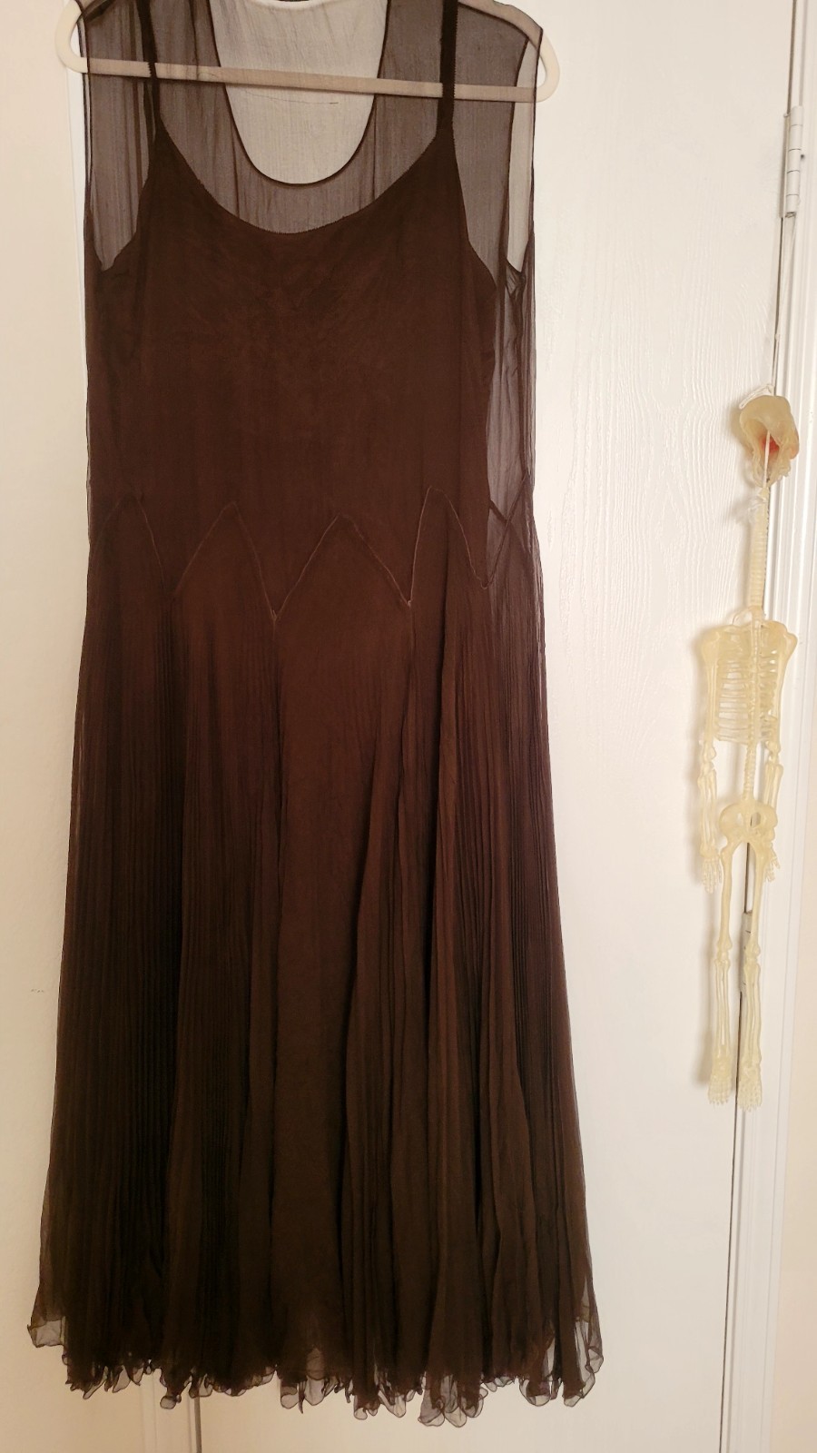 Vtg 1930s Chocolate Silk? Chiffon Dress Built-in Lining Floor Length Sz Large
