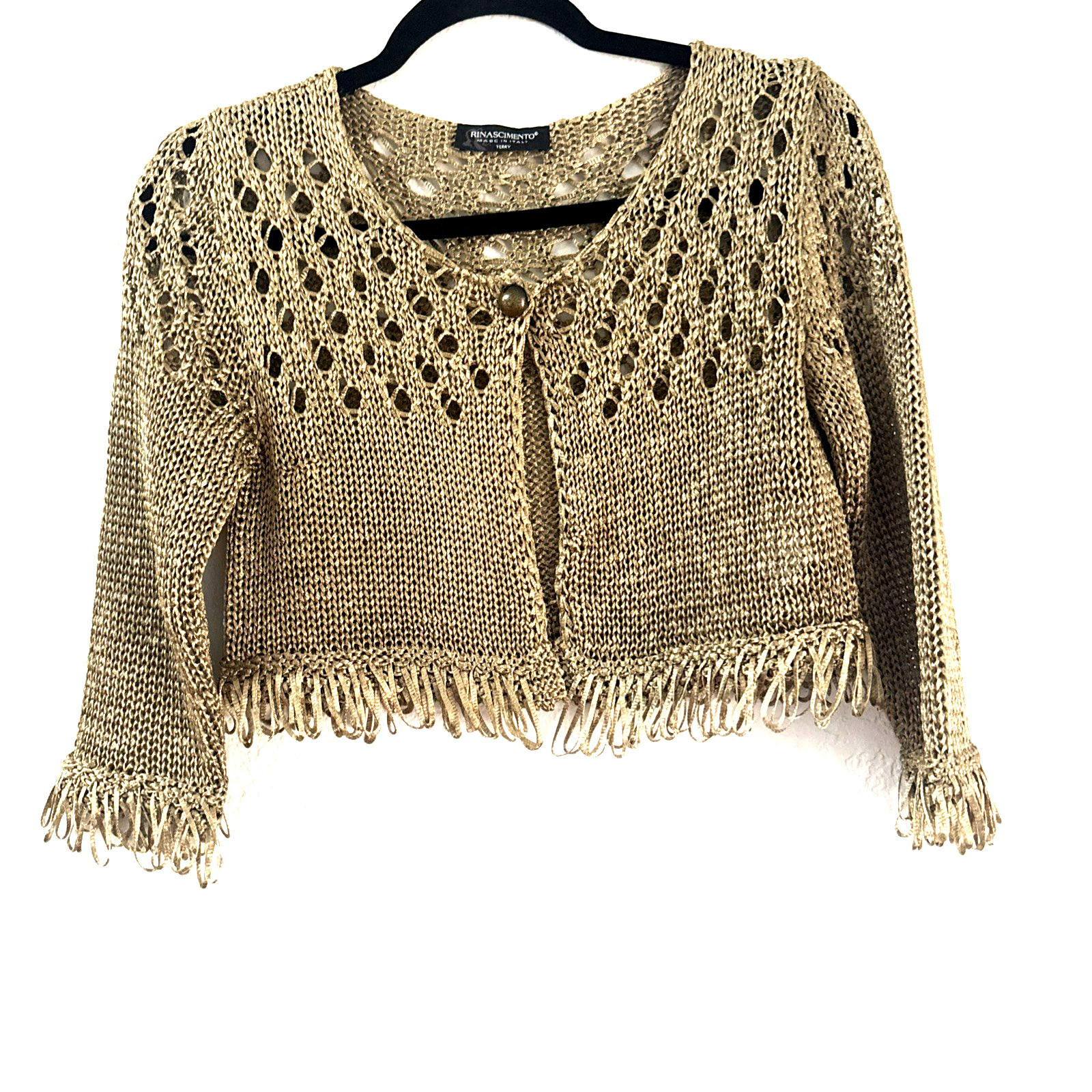 Rinascimento Crocheted Knit Cardigan Jacket Cropped Italian Gold Giacca Size M