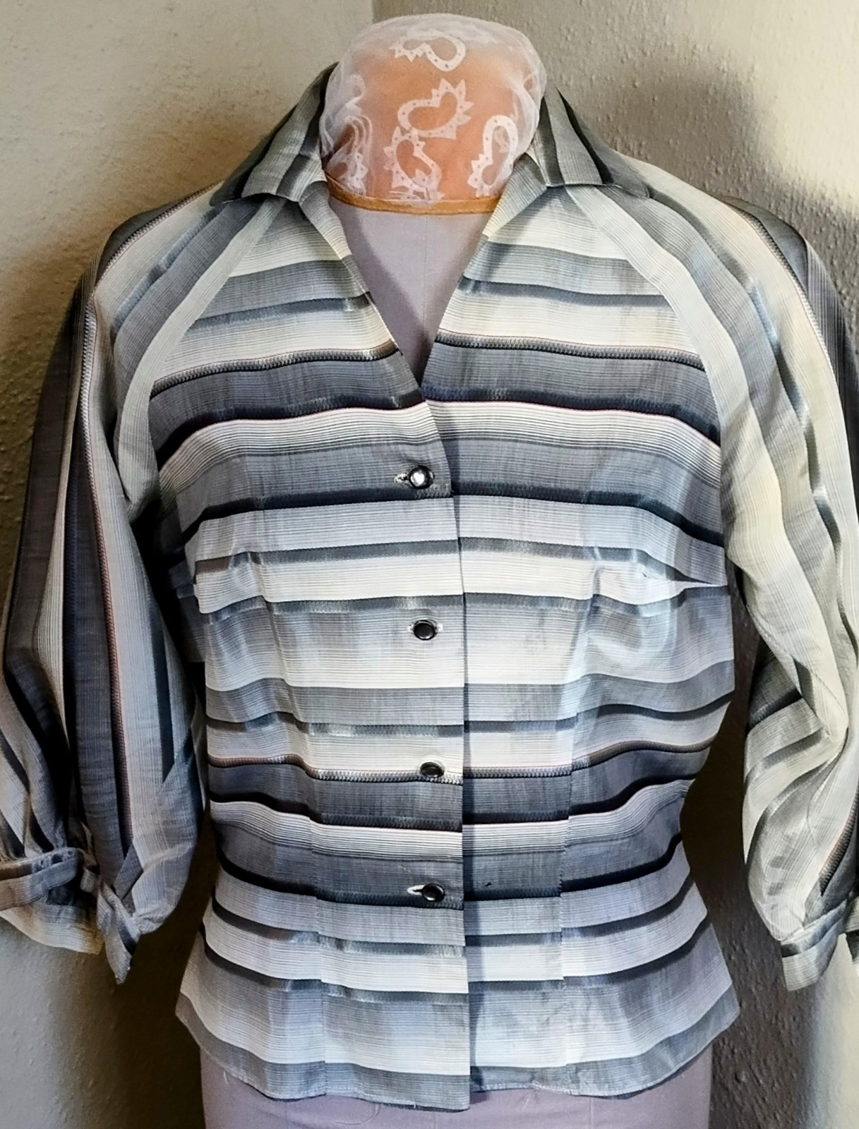 Sophisticated Vtg 40s Gradient Grey Stripe Silk Blouse by LUCIA- S/M