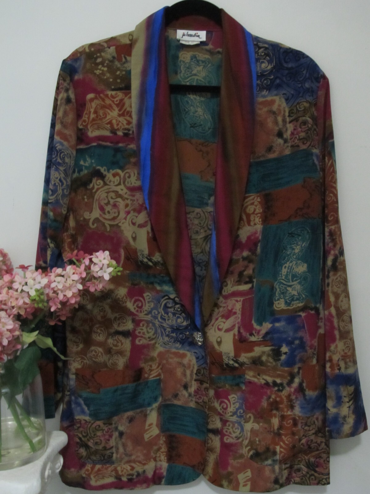 Jo Hardin Womens Colorful Blazer 12 Vintage Colorblock Light Weight Botanical