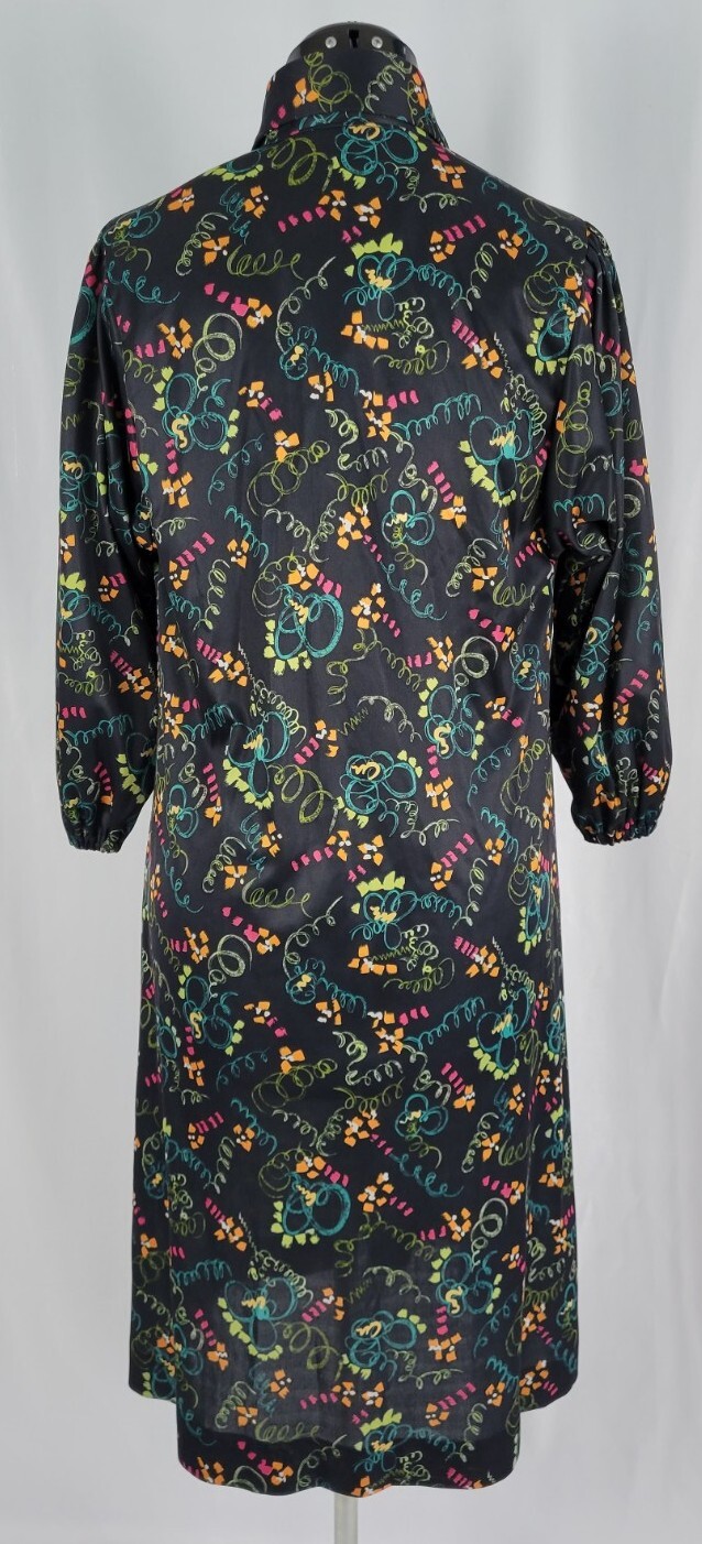 Vtg Black Dress w Pink/Yellow/Lime/Teal/Orange Abstract Design 36″ Bust Size SM?