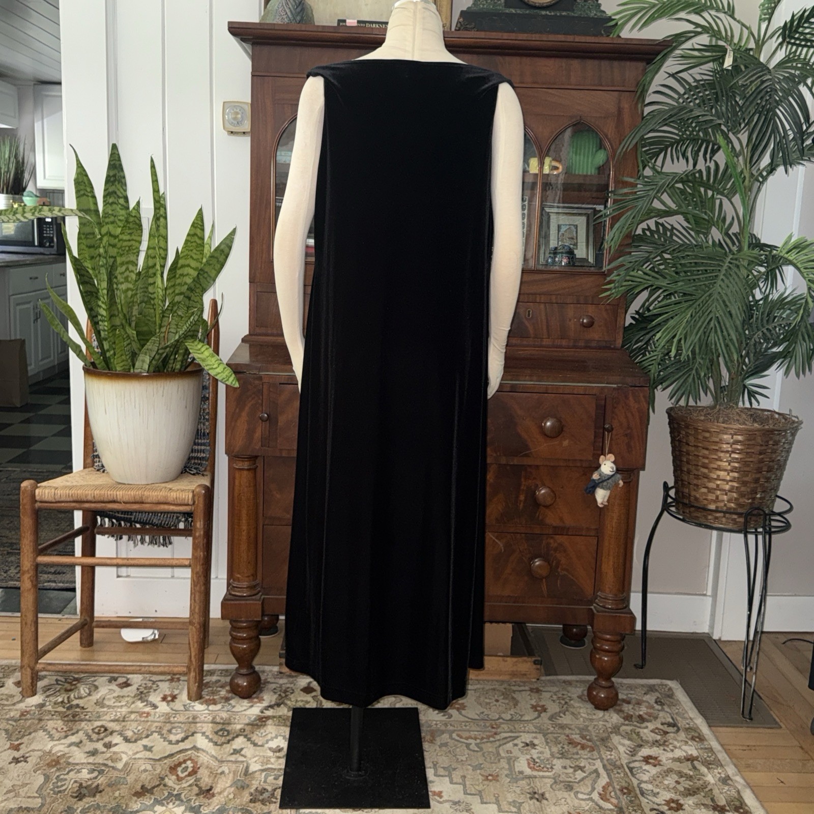 VTG JBS Ltd Black Velvet Maxi Shift Dress Cowl Neck 90s Whimsigoth Goth Womens