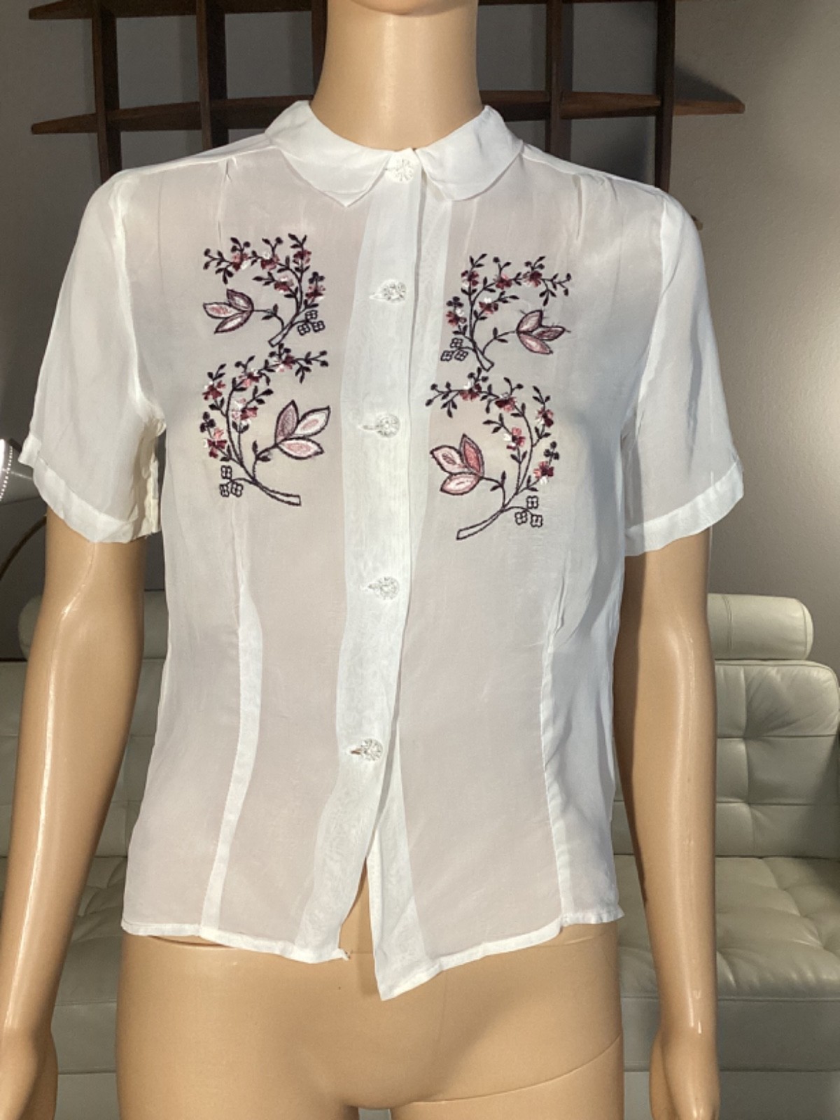 Vintage 40s 50s White Sheer Embroidered Button Front Nylon Top Blouse